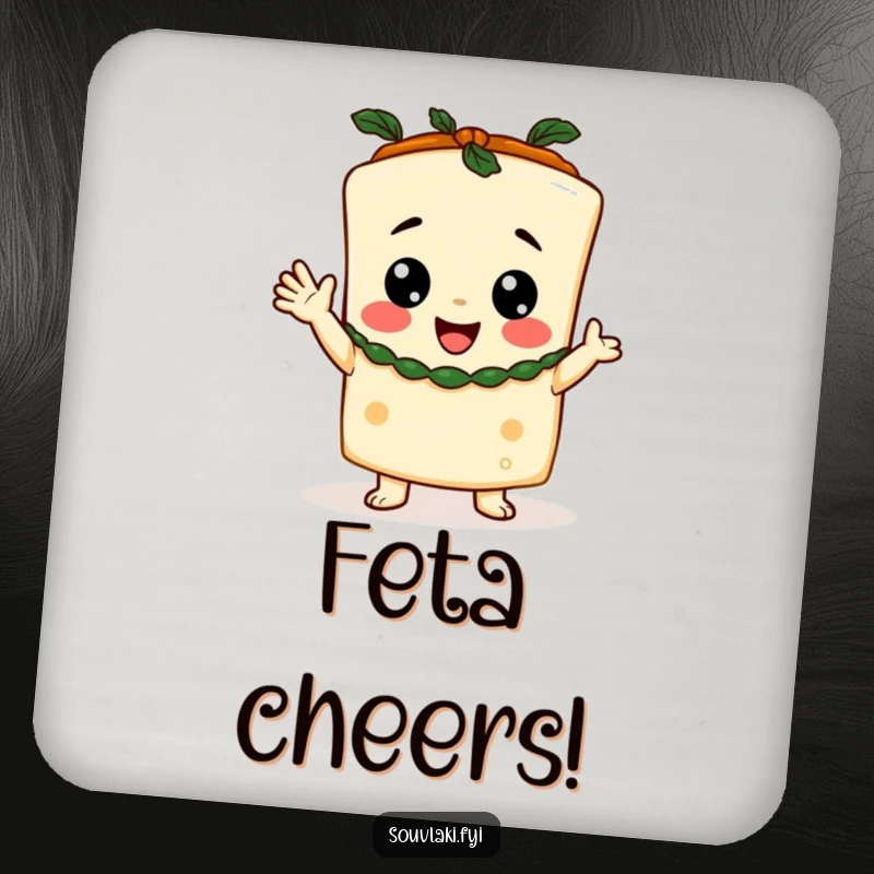 Funny Coaster showcasing a happy feta cheese character in a toga, giving a cheerful toast to protect your table.
