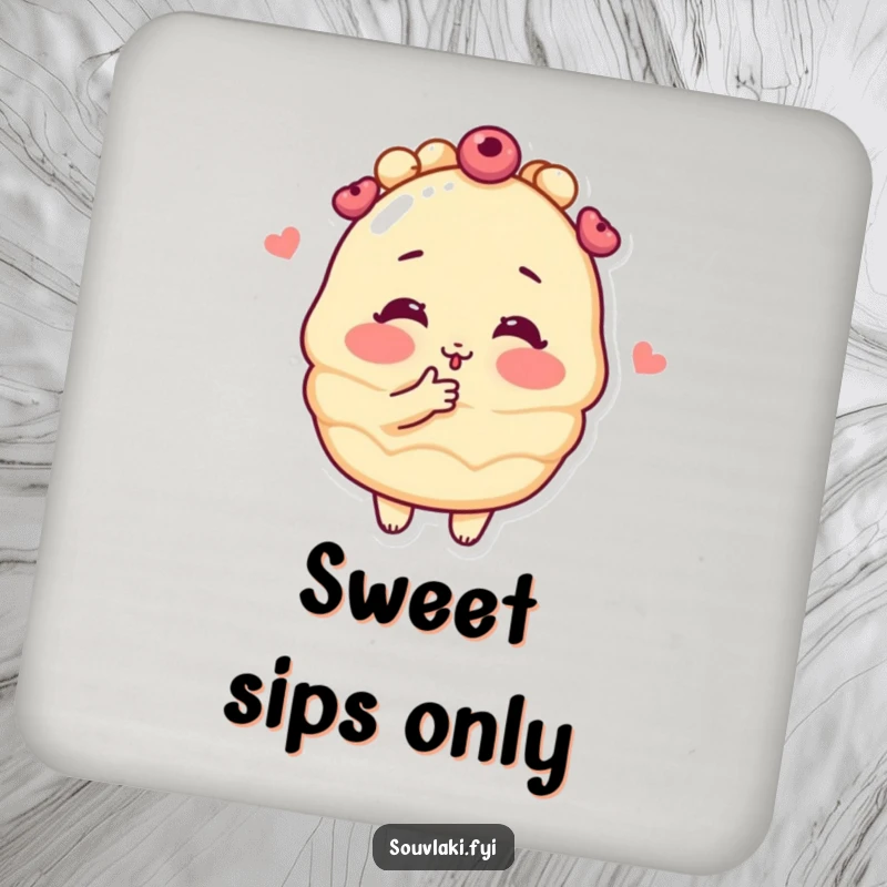 Funny blushing baklava pastry character blowing a kiss on a drink coaster, a cute and humorous accessory for tabletops.