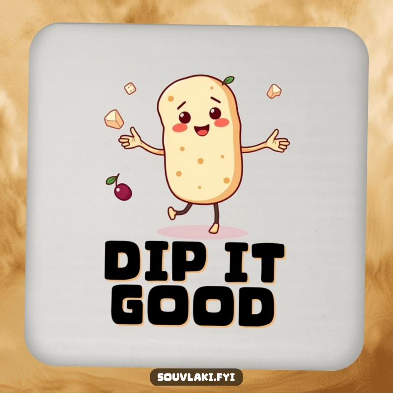 Funny drink coaster featuring a dancing pita bread character with tiny arms, juggling miniature olives and feta cheese, adding festive flair.