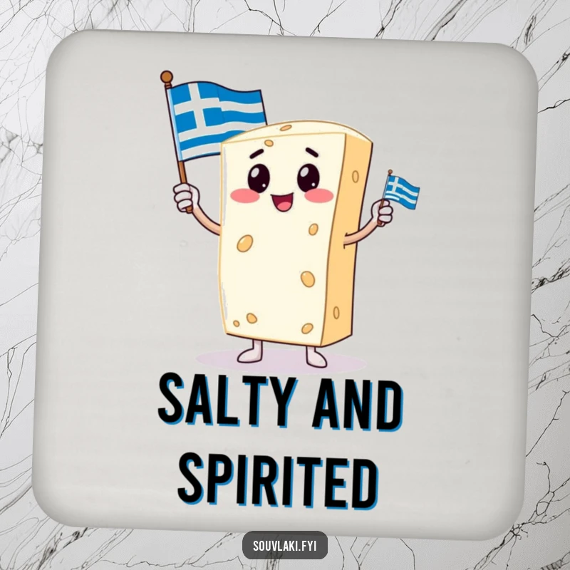 Funny drink coaster with a proud feta cheese character holding a small Greek flag, protecting surfaces with cultural flair.