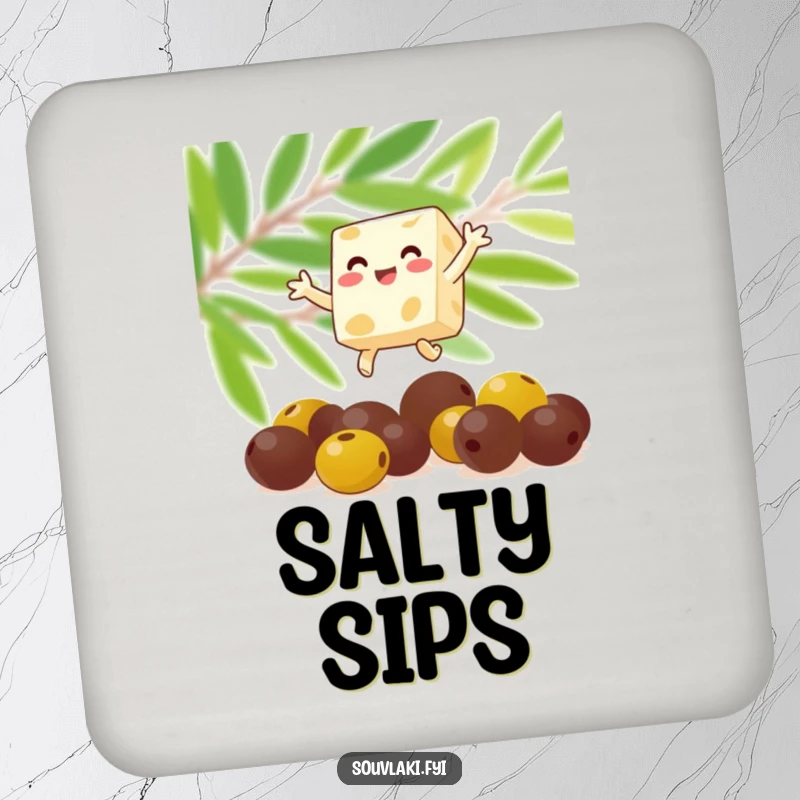 Funny feta cheese cube captured mid-leap over olives on a drink coaster. A delightful and humorous accent, perfect as a funny gift.