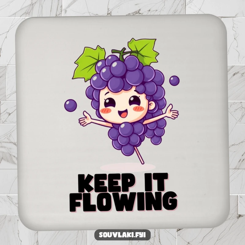Funny grape bunch drink coaster showing a playful character juggling grapes, bringing humor and skill to beverages.