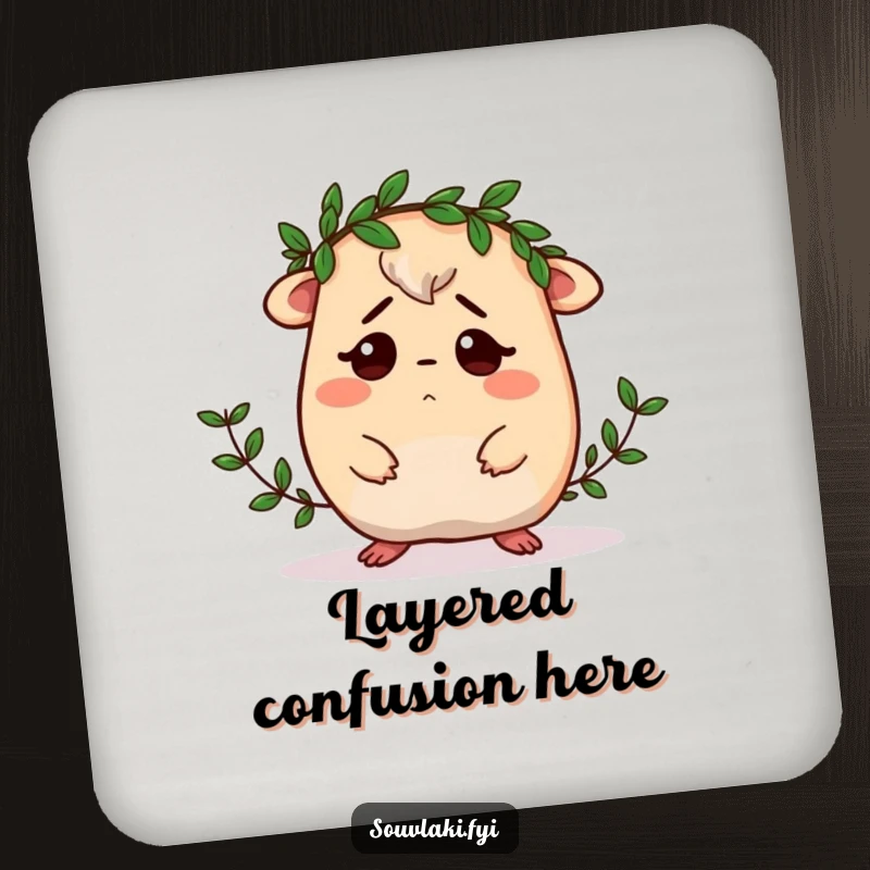 Funny Moussaka Coaster: A confused moussaka character is shown attempting to wear a tiny laurel wreath, serving as a humorous table protector.