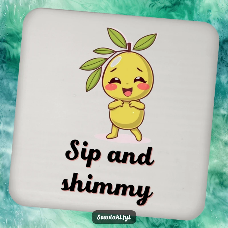 Funny olive drink coaster showing a giggling character performing a silly dance, bringing humor and movement to beverages.