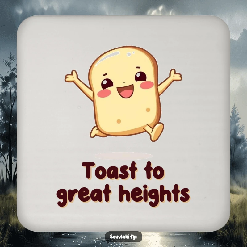 Funny pita bread drink coaster showing a smiling character in a joyful leap, bringing happiness to beverages.