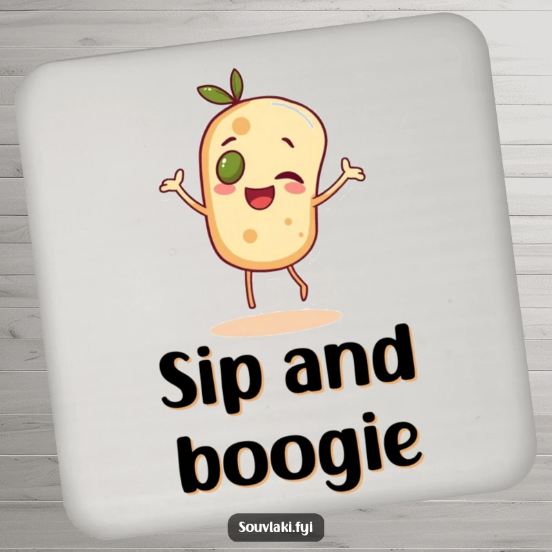 Funny cheerful pita bread character with an olive eye, dancing, depicted on a protective drink coaster.