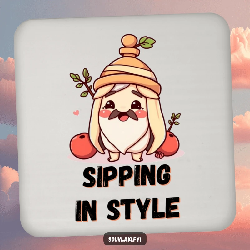 Funny souvlaki coaster, a happy Greek skewer wears an amphora hat, protecting surfaces with charming and humorous flair.