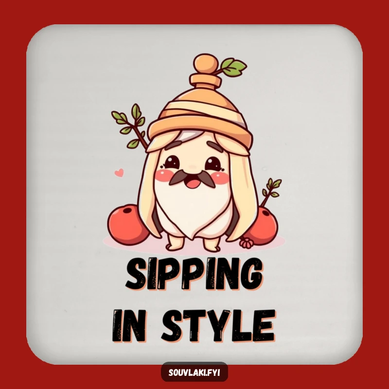 Keep your tables safe with this funny souvlaki coaster, featuring a charming amphora hat. A delightful addition for Greek food fans!