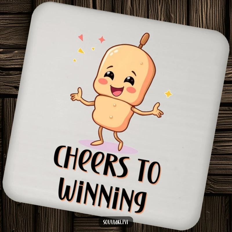 Funny souvlaki skewer character dancing, playfully protecting surfaces on durable drink coasters.