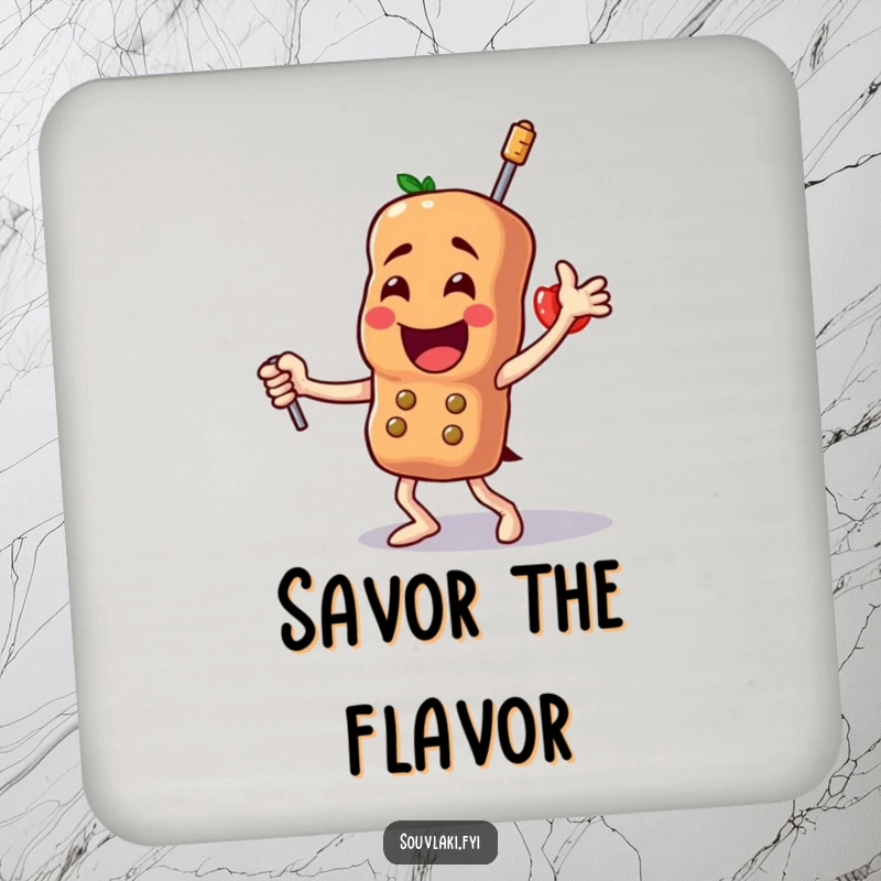 Funny Souvlaki Drink Coaster: A triumphant skewer character dances, protecting your surfaces with delicious style and undeniable humor.