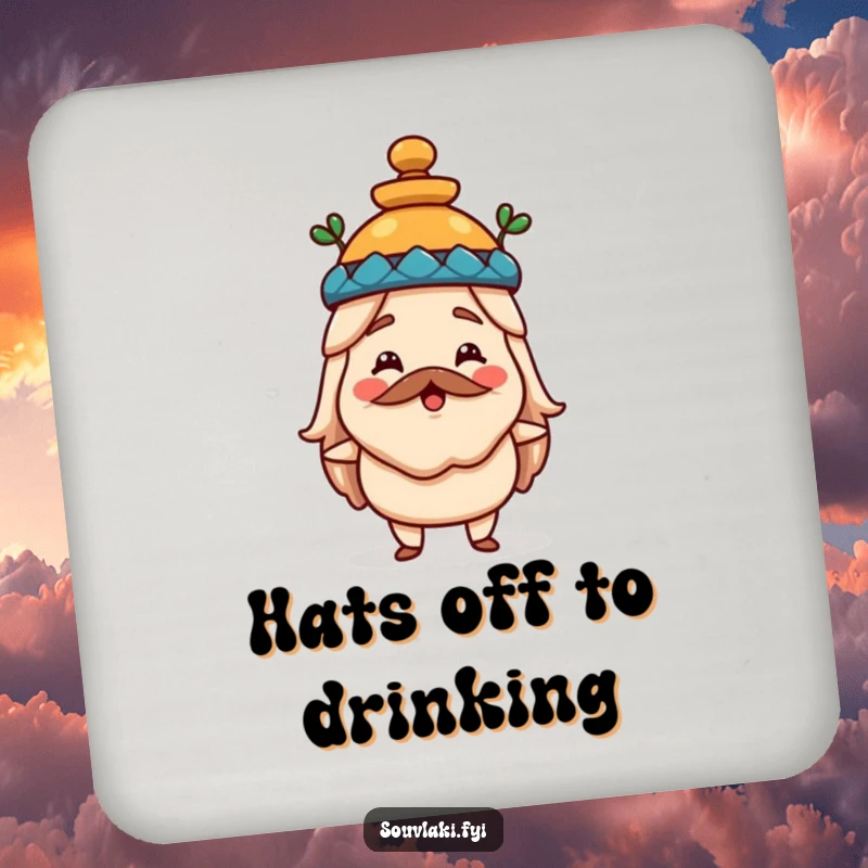 Funny souvlaki coaster with a happy Greek food character wearing an amphora hat, protecting surfaces with historical humor and charm.