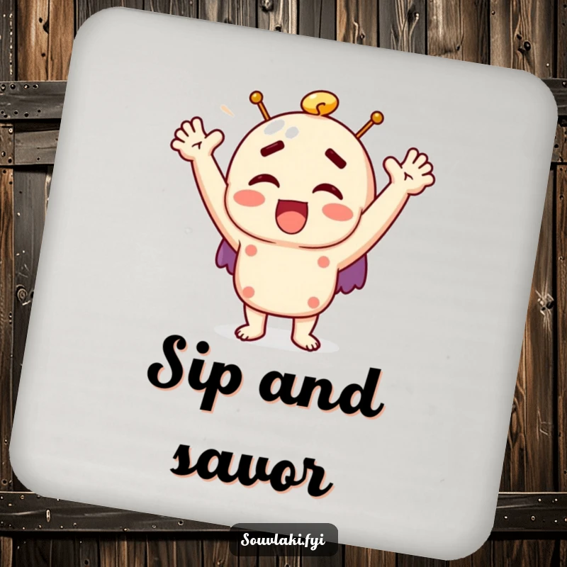 Funny souvlaki drink coaster showcasing a character joyfully exclaiming with raised arms, adding humor to any table.