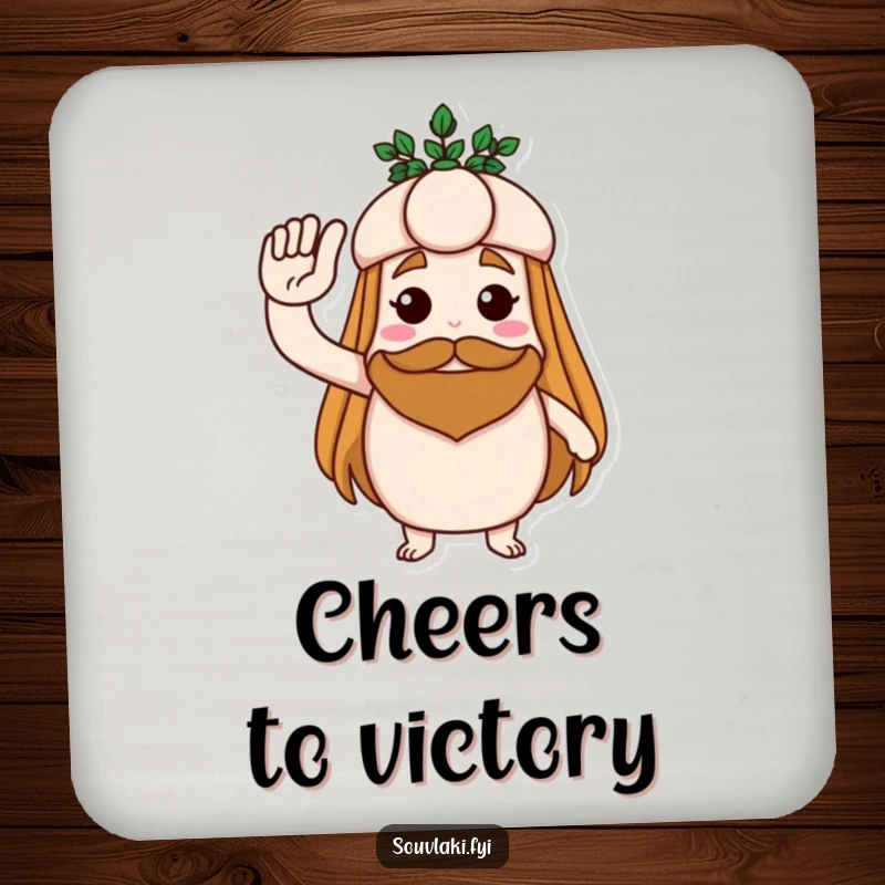 Funny drink coasters featuring a souvlaki saluting with a laurel wreath, adding humorous heroic flair and surface protection.