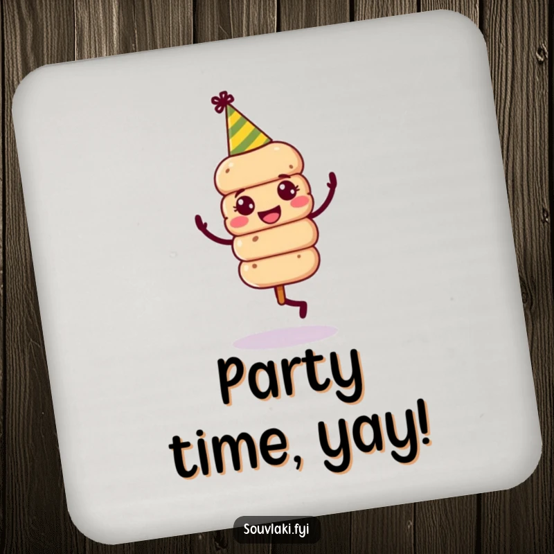 Funny Souvlaki Skewer Dance Coaster: A jovial souvlaki skewer in a party hat dances, protecting your surfaces.