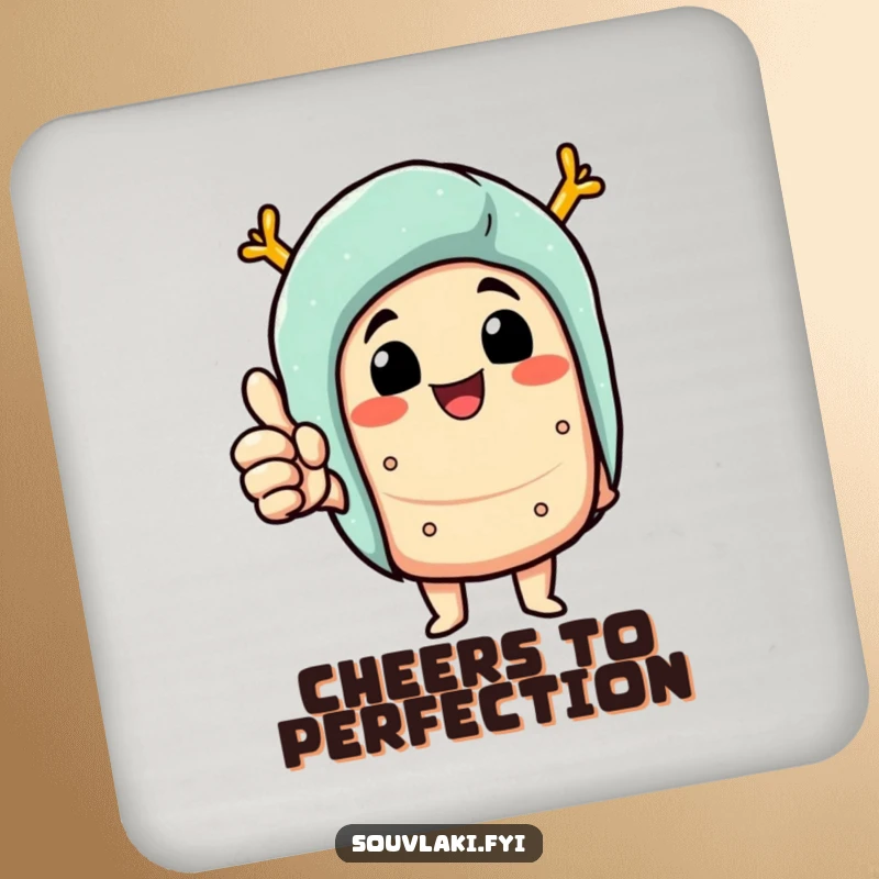 Funny Coaster Set: Delighted souvlaki character giving a thumbs up, protecting tables deliciously.