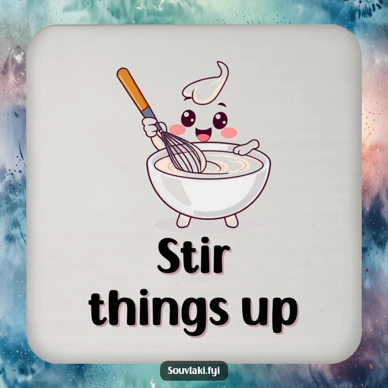 Funny delighted whisk character stirring tzatziki, printed on a protective drink coaster.