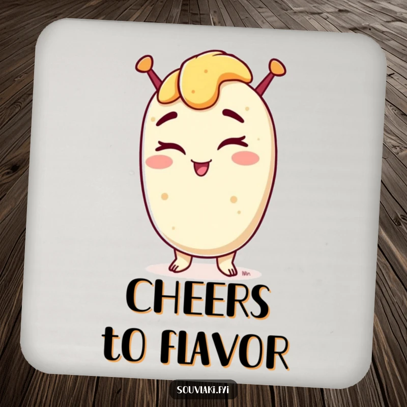 Funny drink coaster with a souvlaki character winking confidently, adding a humorous and protective Greek touch to beverage service.