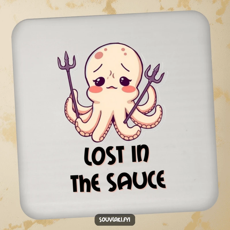 Funny Octopus Drink Coaster: A confused octopus character wears a tiny trident askew, adding a humorous and protective element to your tables.