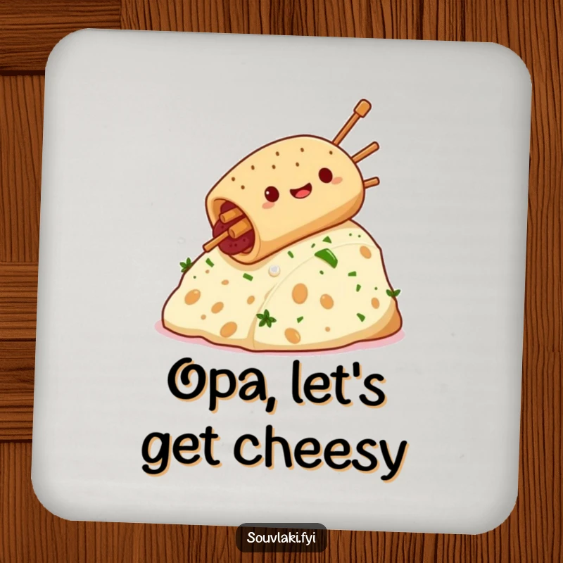 Funny souvlaki character sliding down a feta cheese hill, a humorous and protective drink coaster for your home.