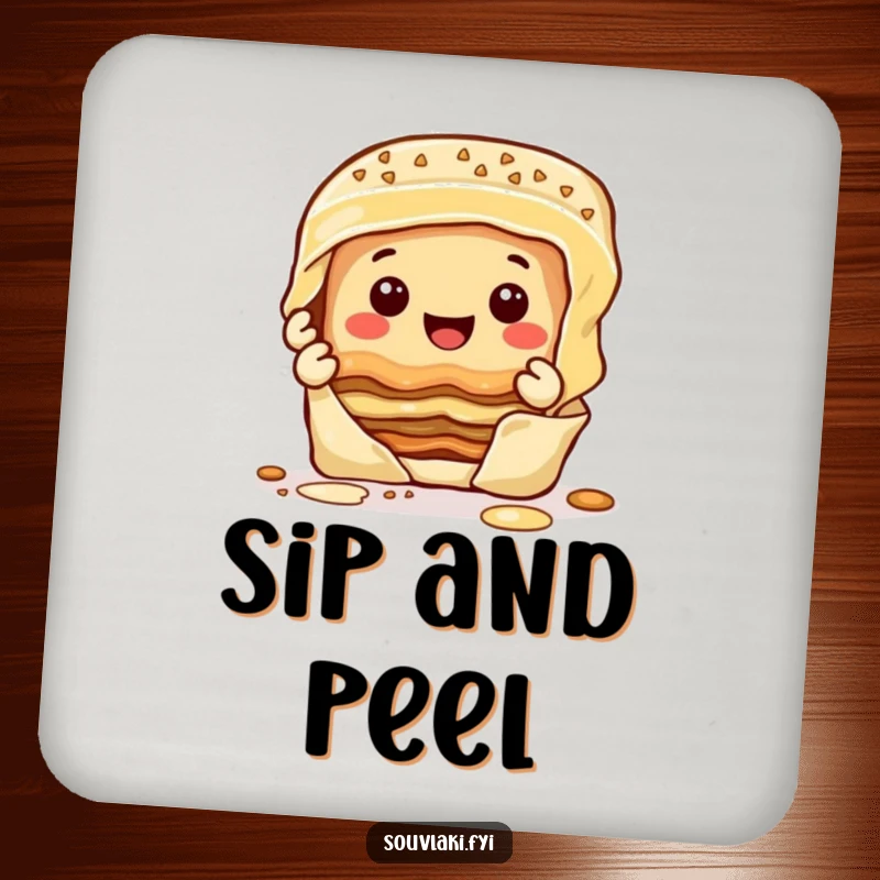 Funny happy baklava character peeling layers with a smile, printed on a protective drink coaster.