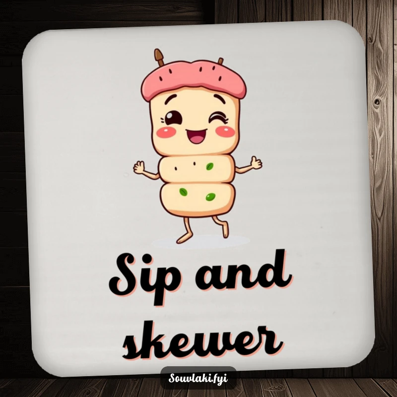 Funny Souvlaki Coaster: A smiling souvlaki skewer character struts with confidence, shielding surfaces with humor.
