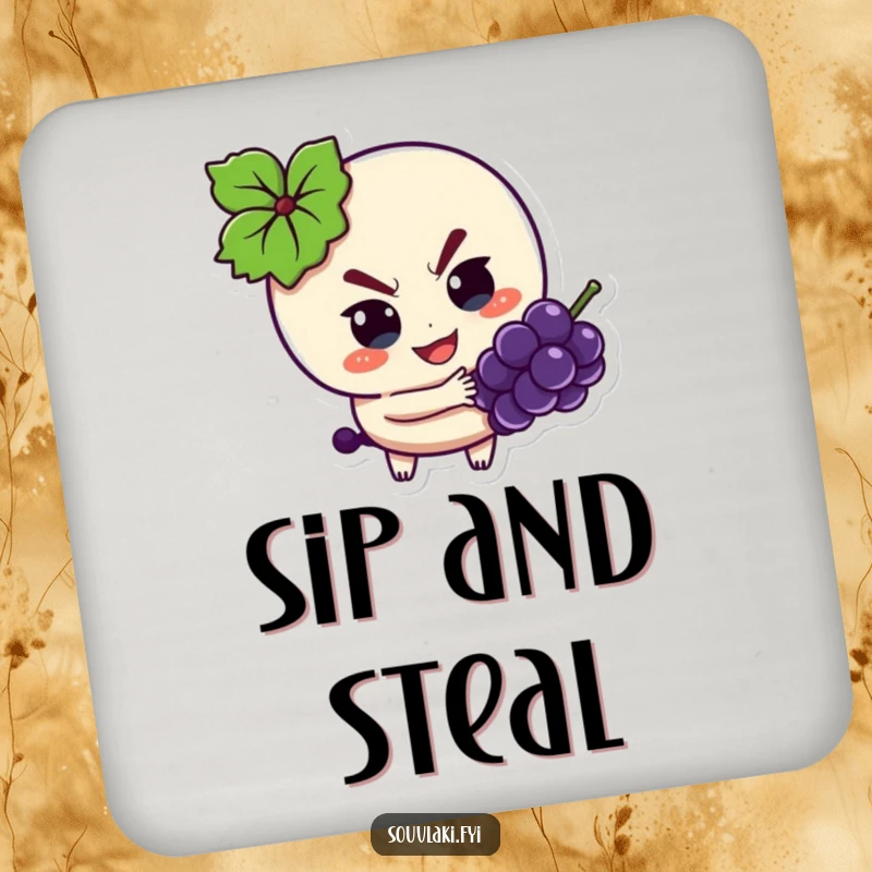 Funny Drink Coaster: Souvlaki character with a mischievous look, sneakily trying to get a grape.