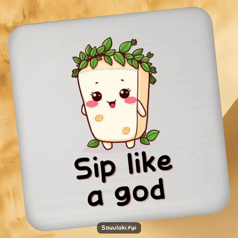 Funny silly feta cheese character comically trying to wear a tiny laurel wreath, on a protective drink coaster.