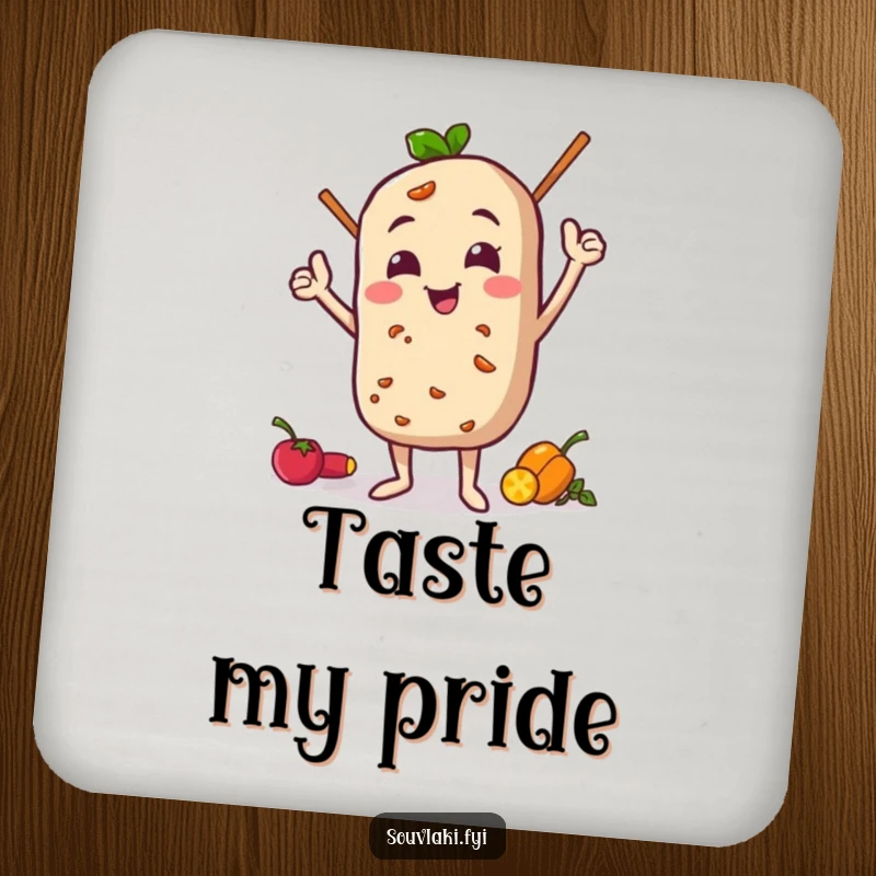 Funny Coaster Set: Souvlaki character in a proud pose with its ingredients, protecting tables with humor.