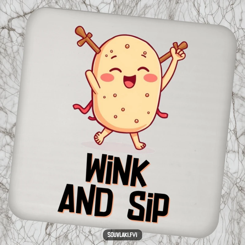 Funny souvlaki coaster, a winking Greek skewer performs a jig, protecting surfaces with delicious and humorous flair.