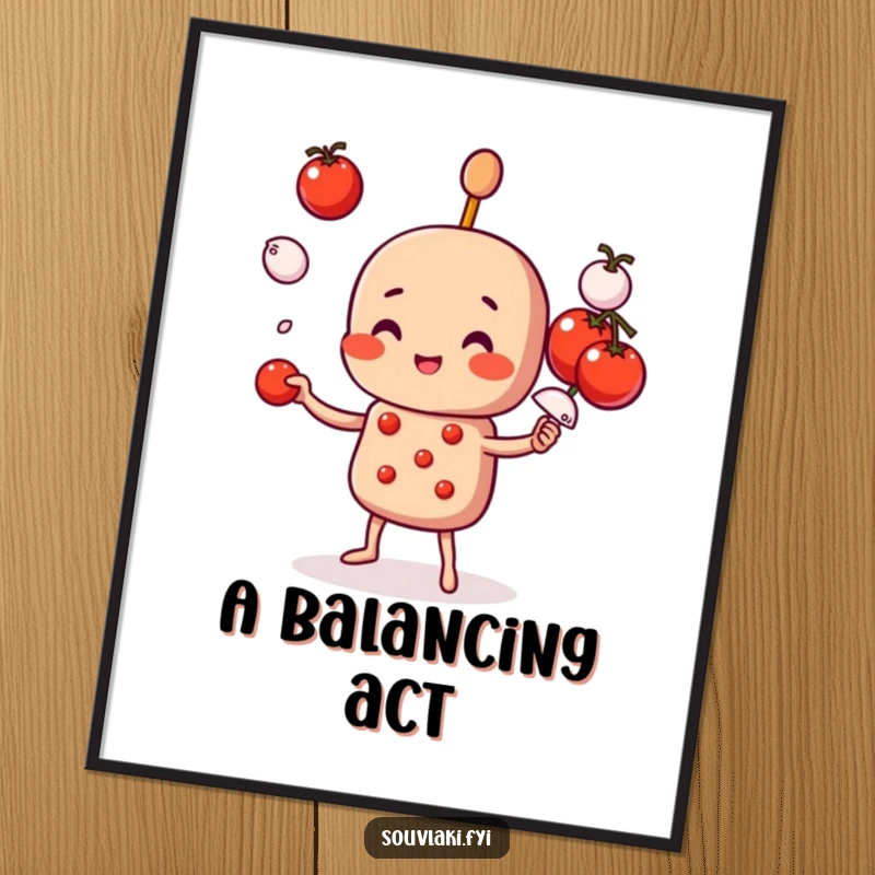 Funny Poster: A souvlaki skewer character juggles tomatoes and onions. Whimsical culinary art gift.