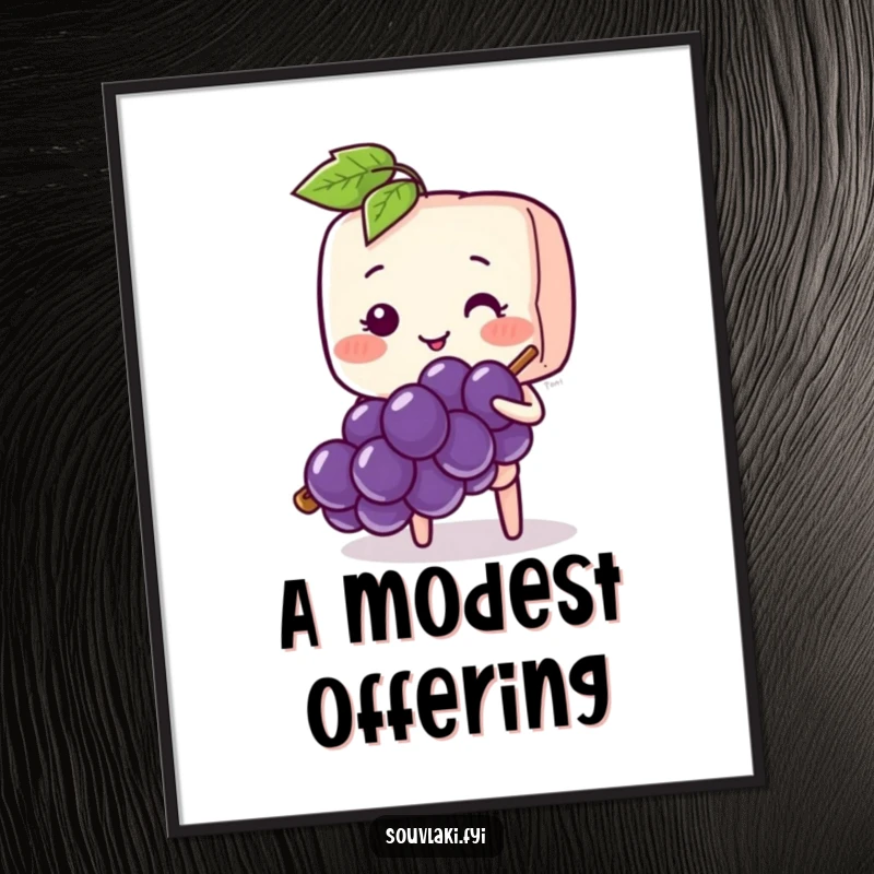 Funny Souvlaki Skewer Shy Offer Poster: A blushing souvlaki skewer character shyly smiles and offers a grape.