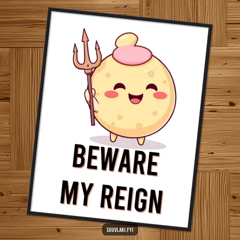 Funny Poster showcasing a smiling, round fried pastry character holding a trident, radiating godly power and humor.