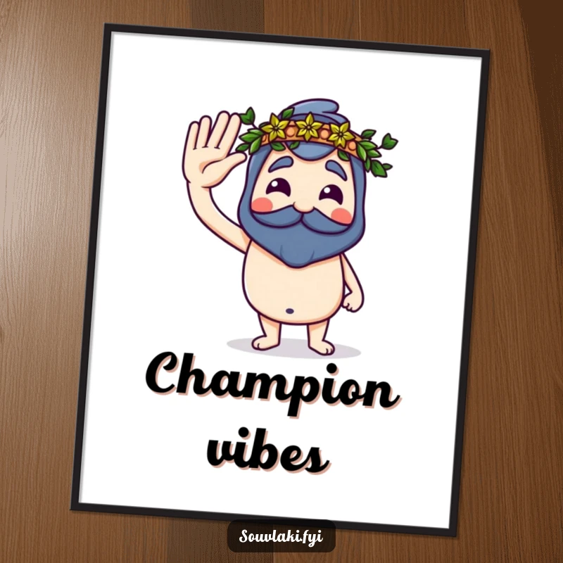 Funny Souvlaki Poster of a proud souvlaki saluting with a tiny laurel wreath, symbolizing humor and achievement.