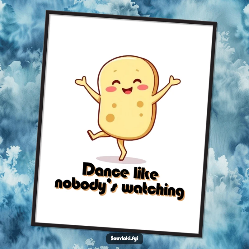 Funny poster showcasing a smiling pita bread character executing a hilariously graceful and wobbly pirouette.
