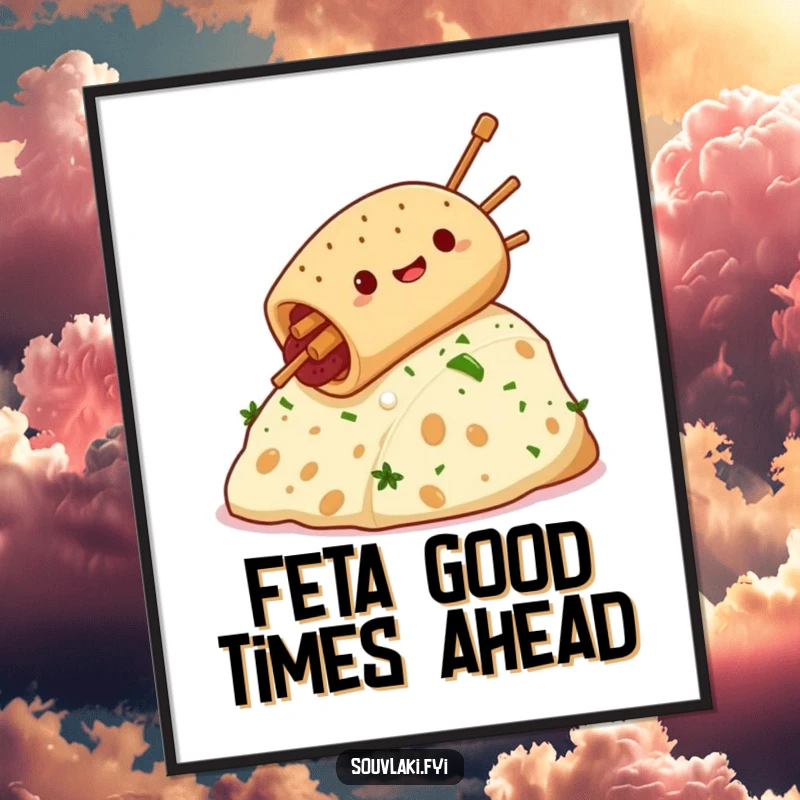 Funny souvlaki character gleefully descending a majestic feta cheese hill, creating a humorous and appetizing piece of wall art.