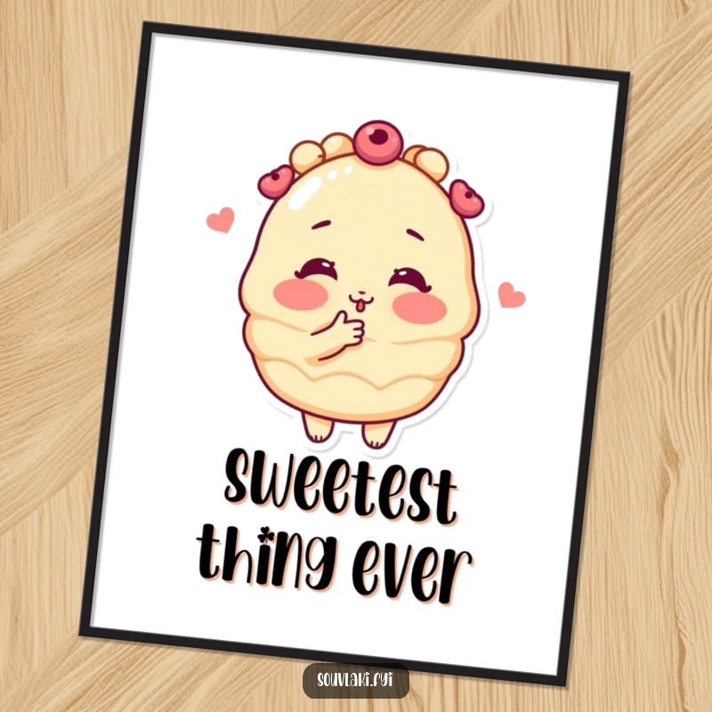 Funny blushing baklava pastry character blowing a kiss on a high-quality poster, perfect for adding cute and humorous decor.