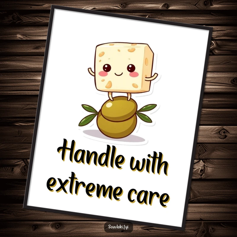 Funny feta cheese poster featuring a cheerful cube character hilariously balancing on an olive, a piece of art full of comical tension.