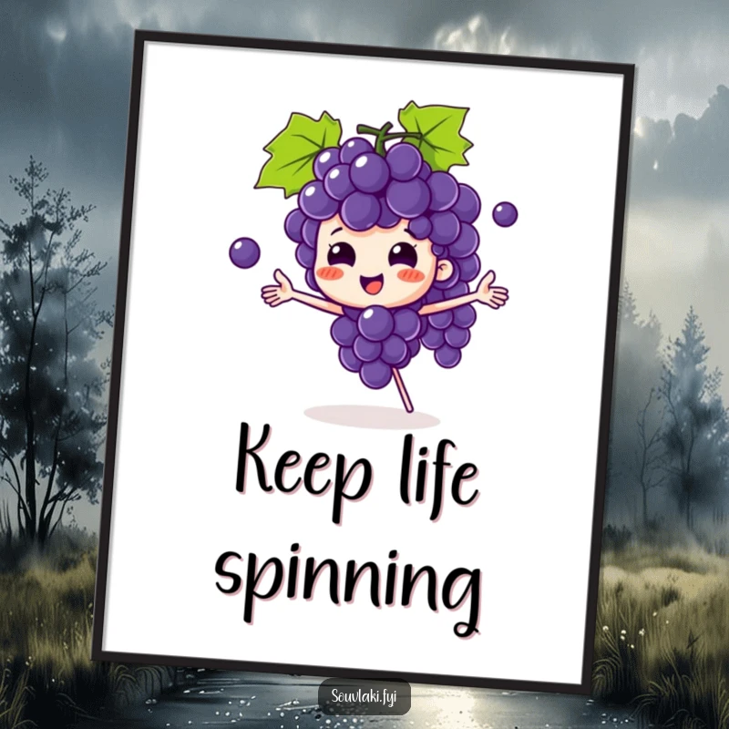 Funny grape bunch poster featuring a playful character juggling grapes, a piece of art full of comical skill and charm.