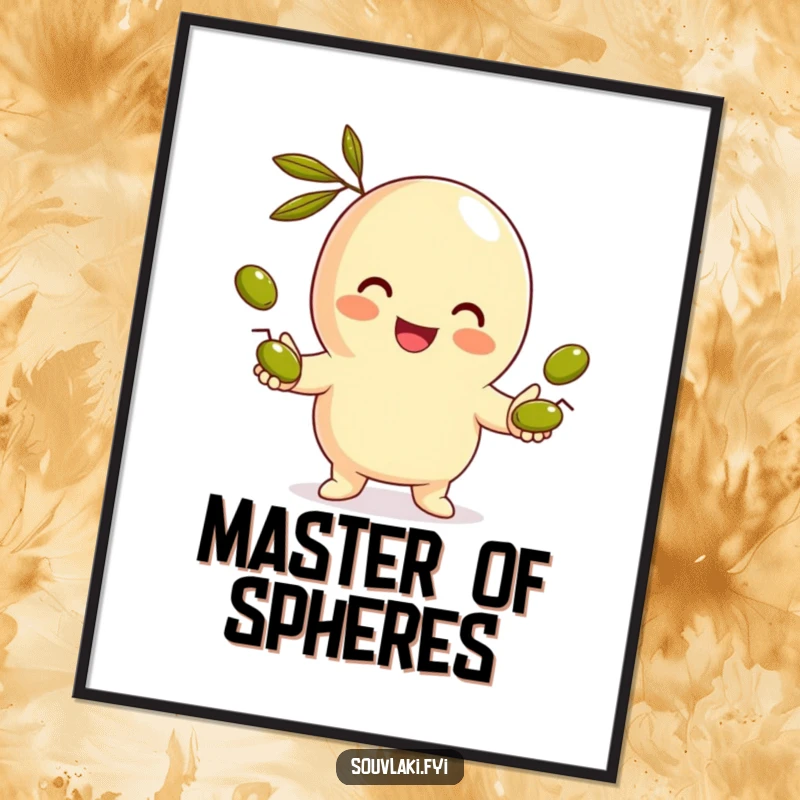 Funny Gyro Poster: An artistic depiction of a smiling gyro character skillfully juggling miniature olives, radiating culinary joy.