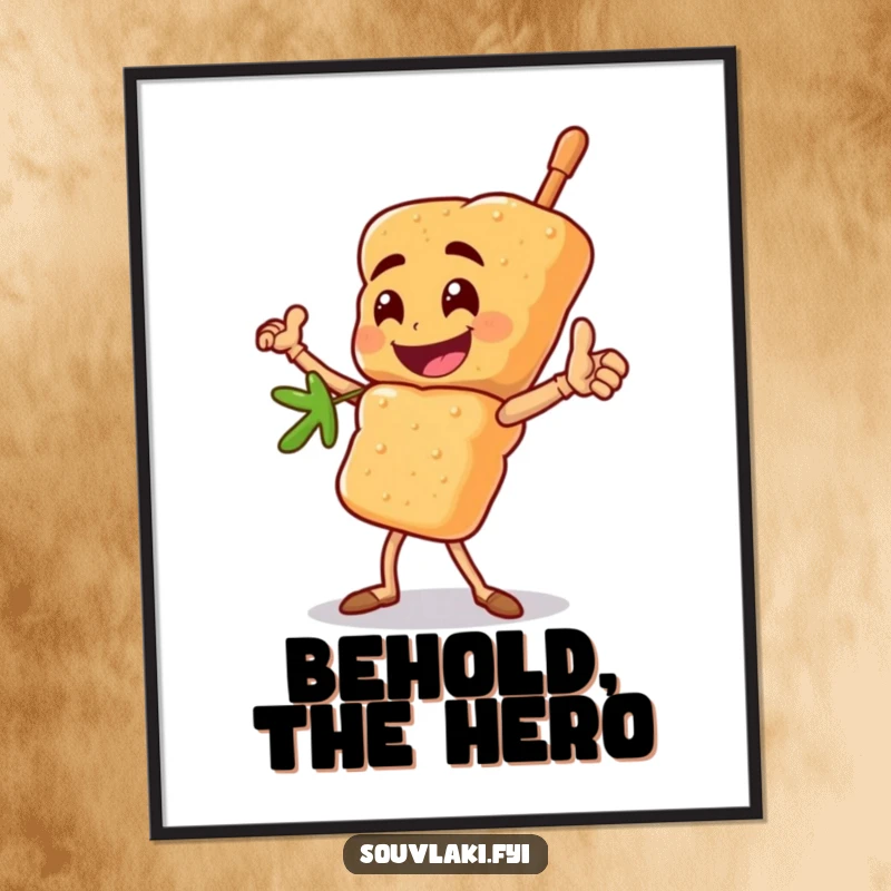Funny souvlaki skewer poster with a happy character striking a heroic pose, a motivational and humorous funny gift.
