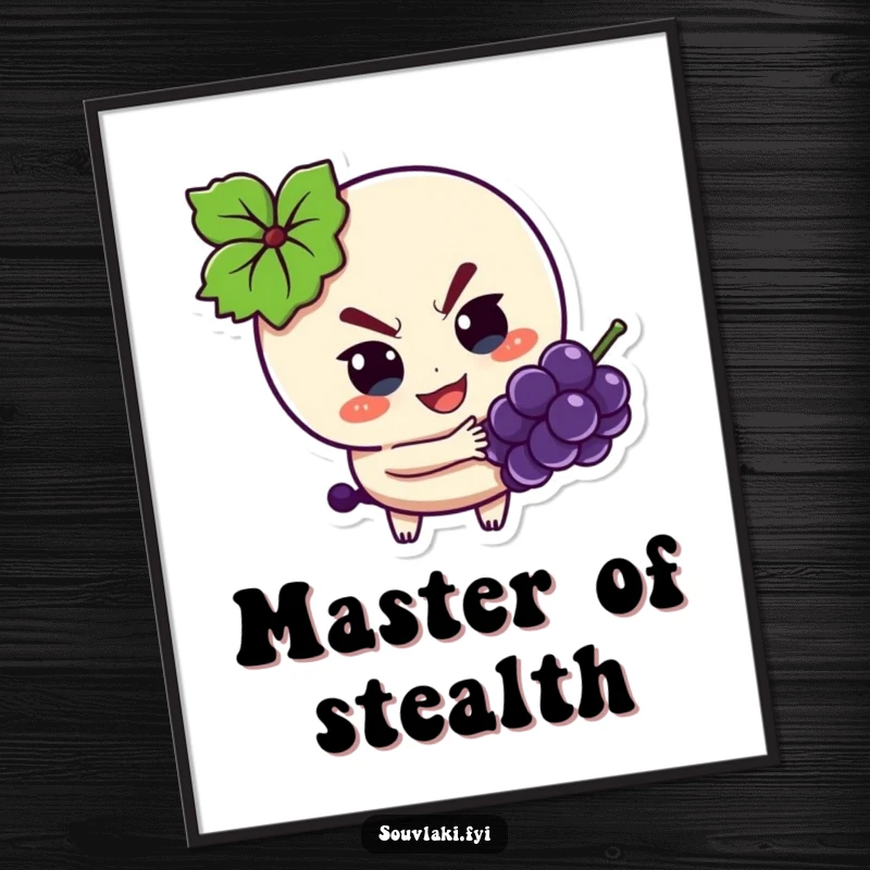 Funny Poster: Souvlaki character with a playful, mischievous look, sneakily reaching for a grape.