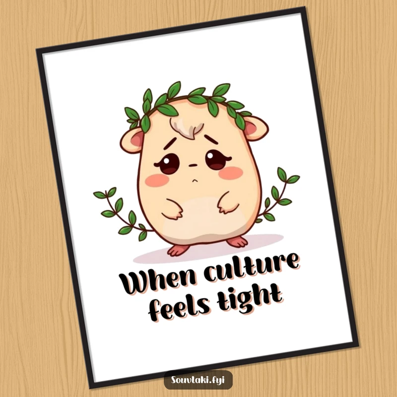 Funny Moussaka Poster: A confused moussaka character is illustrated attempting to wear a small laurel wreath, creating a comical and artistic scene.