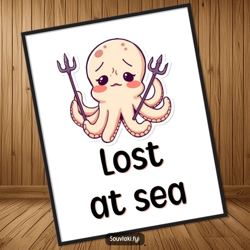 Funny Octopus Poster: An artistic depiction of a confused octopus character wearing a tiny trident tilted sideways, full of whimsical charm.