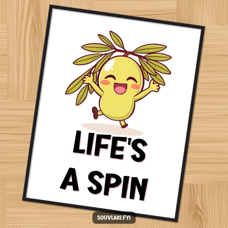 Funny delighted olive character in a joyful spin, a visually cheerful poster.