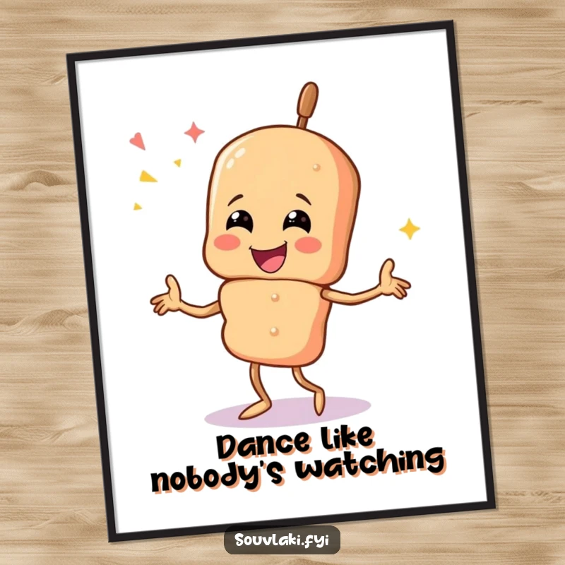 Funny souvlaki skewer character in mid-dance, radiating happiness and energy on a poster.