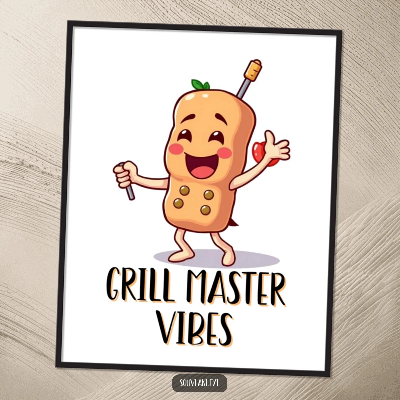 Funny Souvlaki Poster: An artistic representation of a proud skewer character performing a triumphant dance, celebrating delicious Greek cuisine.