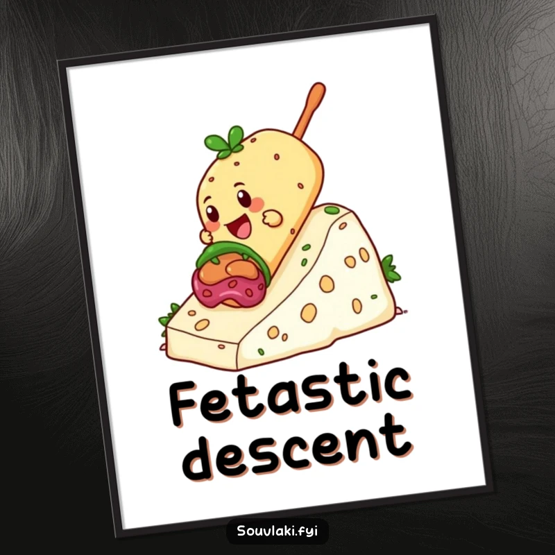 Funny Souvlaki Poster of a giddy souvlaki sliding down a hill of feta cheese, bringing cheesy humor to decor.