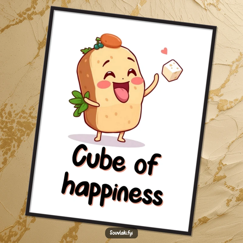 Funny Poster: A souvlaki playfully tosses a tiny feta cube, creating vibrant, humorous, and foodie-themed wall art.