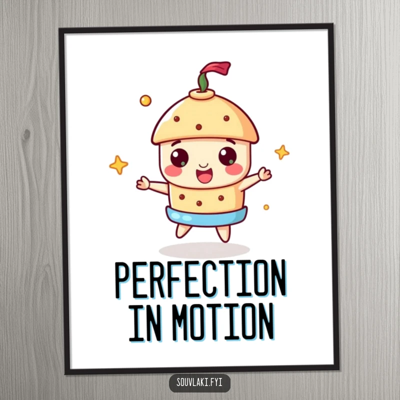 Funny Souvlaki Poster of a cheerful souvlaki spinning a miniature gyros, perfect humorous kitchen wall art.