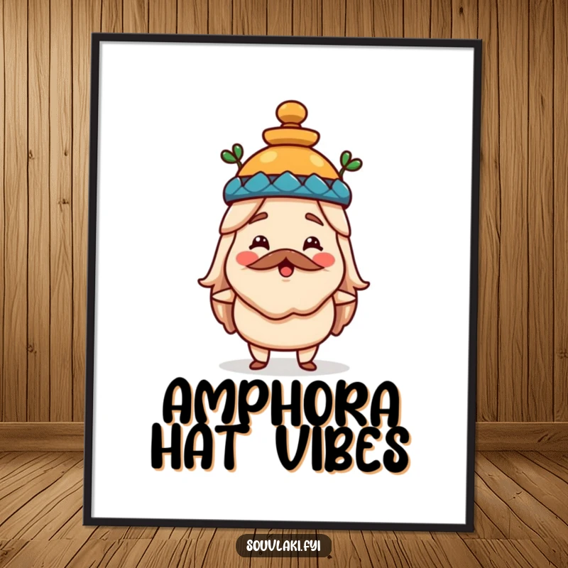 Funny souvlaki poster featuring a happy Greek food character wearing a miniature amphora as a hat, bringing artistic charm and historical humor.